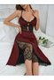 Women's Lace Long Burgundy Nightgown V-Neck, Asymmetrical Lace, Comfortable Fit, Soft Textured Single Vanus
