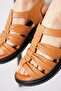 Lugrese Three-Stripe Pleated Genuine Leather Women's Sandals Tan Skin - 4