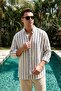 Cobalt Blue Striped Ecru Long Sleeve Linen Shirt Ls-19844 - 2