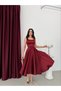 Burgundy Square Neck Strap Belted Satin Midi Evening Dress - 2