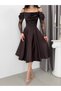 Brown Off-Shoulder Lace Detailed Midi Evening Dress - 4