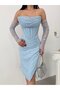 Baby Blue Lace Embroidered Midi Evening Dress with Stone Detail - 5