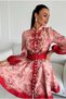 Linen Fabric Model Dress with Button Detail - Belt Included - Red - 7