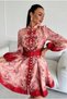 Linen Fabric Model Dress with Button Detail - Belt Included - Red