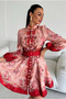 Linen Fabric Model Dress with Button Detail - Belt Included - Red - 4