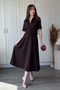 Shirt Collar Belted Adjustable Decolletage Elegant Midi Brown Dress - 7