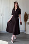 Shirt Collar Belted Adjustable Decolletage Elegant Midi Brown Dress - 5