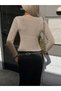 Openwork Knitted V-Neck Cardigan with Chest Stitching Detail, Fitted Cut, 100% Cotton Women's Knitwear Cardigan - 5