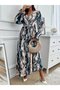 Women's Long Sleeve Double Breasted Collar Waist Belted Patterned Single Jersey Maxi Dress - 6