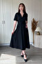 Shirt Collar Belted Adjustable Decolletage Elegant Midi Black Dress - 7