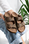 Lorvena Women's Brown Double Buckle Anatomical Sole Basic Comfortable Slippers