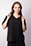 Women's Soft Textured Stretchy Fabric V-Neck Collar Off Shoulder Elbow Length Sleeve Oversize Blouse-Black - 2