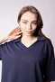 Women's Soft Textured Stretchy Fabric V-Neck Collar Off Shoulder Elbow Length Sleeves Oversize Blouse-Navy Blue - 4