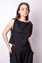 Women's Boat Neck Asymmetrical Pleated Gathered Blouse -Black - 4