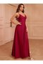 Women's Rope Strap Burgundy Double Breasted Collar Slit Crepe Fabric Long Evening Dress - 3