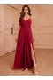 Women's Rope Strap Burgundy Double Breasted Collar Slit Crepe Fabric Long Evening Dress