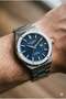 Silver Round Case Men's Wristwatch |   45mm Steel Case, Silver Steel Band, Blue Dial