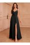 Women's Black Double-Breasted Collar Slit Crepe Fabric Long Evening Dress with Rope Straps - 6