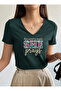 Knitted Look Slogan She Printed V-Neck Short Sleeve Regular Women's Combed Cotton Tshirt