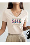 Knitted Look Slogan She Printed V-Neck Short Sleeve Regular Women's Combed Cotton Tshirt