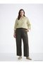 Khaki Elastic Waist Textured Wide Leg Women's Trousers - 2