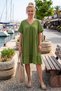 Green V-Neck Short Sleeve Skirt Ruffle Casual Muslin Wide Cut Woven Dress 106 75