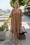 Dark Beige V-Neck Short Sleeve Skirt Ruffled Casual Muslin Wide Cut Woven Dress 106 75