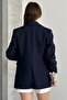 Women's Navy Blue Blazer Jacket with Gathered Sleeve Detail, Stylish Office Jacket, Double-Breasted Collar, Modern Blazer Jacket - 6