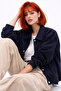 Women's Navy Blue Oversize Seasonal Gabardine Jacket with Snap Detail - 4