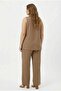 Collar Bead Detailed Women's Plus Size Blouse Trousers Set Mink - 4