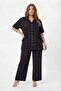 Waist Tie Detailed Women's Plus Size Jacket and Trousers Two-Piece Set Black