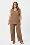 Collar Bead Detailed Women's Plus Size Blouse Trousers Set Mink - 3