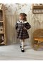 Girl's Plaid Patterned Collar Dress with Bird Embroidery Detail - 4