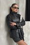Women's Faux Leather Jacket Belted Buttoned Long Sleeve Pocketed Stand Collar Leather Trench Coat - 3