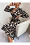    Women's Long Sleeve Double Breasted Collar Leopard Waist Belted - 4