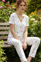Colorful Heart Patterned Lace Crinkled Short-Sleeved Pajama Set 26120727