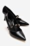 Women's 3-Buckle Open-Back Thin Heel Pointed-Toe High-Heeled Shoes Black Wrinkled
