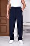 Men's Navy Blue Baggy Fit Relaxed Fit Pleated Fabric Trousers