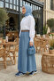 Women's Belted Open Denim Blue Skirt with Pockets - 3