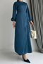 Side Gathered Dress with Elastic Sleeves - Petrol - 4