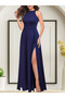 Women's Halter Neckline Deep Slit Detailed Full Length Janjan Crepe Evening Dress - 3