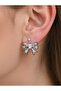 Baguette Zircon Stone and Pearl Silver Color Dangle Ribbon Model Steel Earrings - Tarnish Resistant - 3