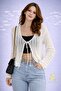 White Color Openwork Tie-Up Cotton Women's Crop Cardigan