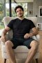 Midnight Black Elegant Men's Pajama Set with Patch Detail on Shorts - 6