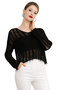 Black Openwork Tasseled V-Neck Seasonal Cotton Women's Knitwear Blouse - 4
