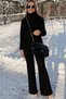 Women's Black Ribbed Knitwear Top and Bottom Set Turtleneck Sweater Wide Leg Pants Standard Size - 2