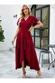 Women's Short Sleeve Double-Breasted Collared Front Asymmetrical Ruffled Long Imported Crepe Dress - 2