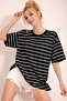 Women's Black T-Shirt Horizontal Striped Interlock Oversize T-Shirt