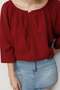 4707 Women's Gathered Collar, Elastic Sleeves, Loose Muslin Blouse, Burgundy - 4