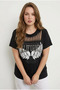 Plus Size Crew Neck Short Sleeve T-Shirt with Cutout Detail and Printed Stretch Fabric